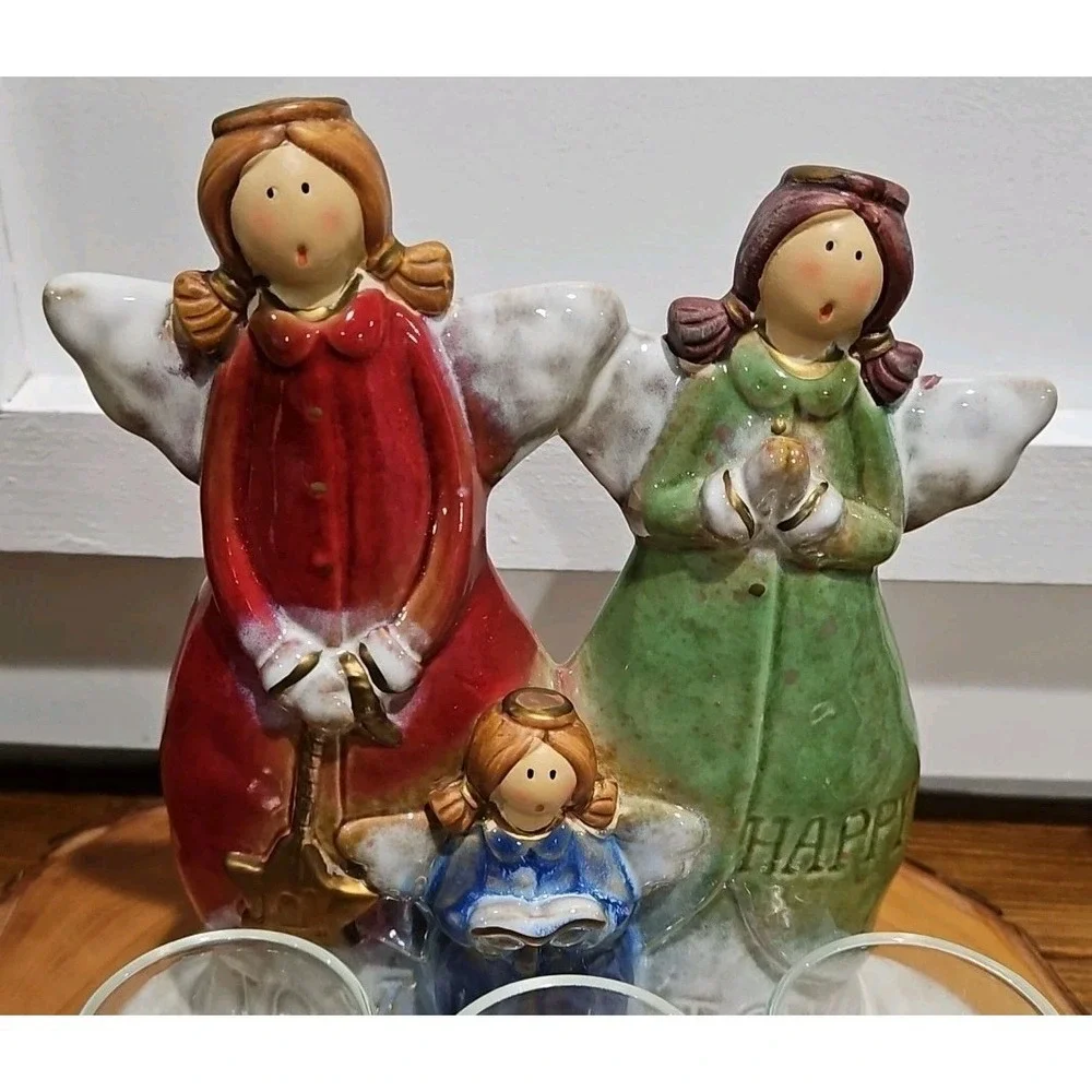 Vintage Kirklands Ceramic Angel Triple Votive Candle Holder Figure Christmas Joy
